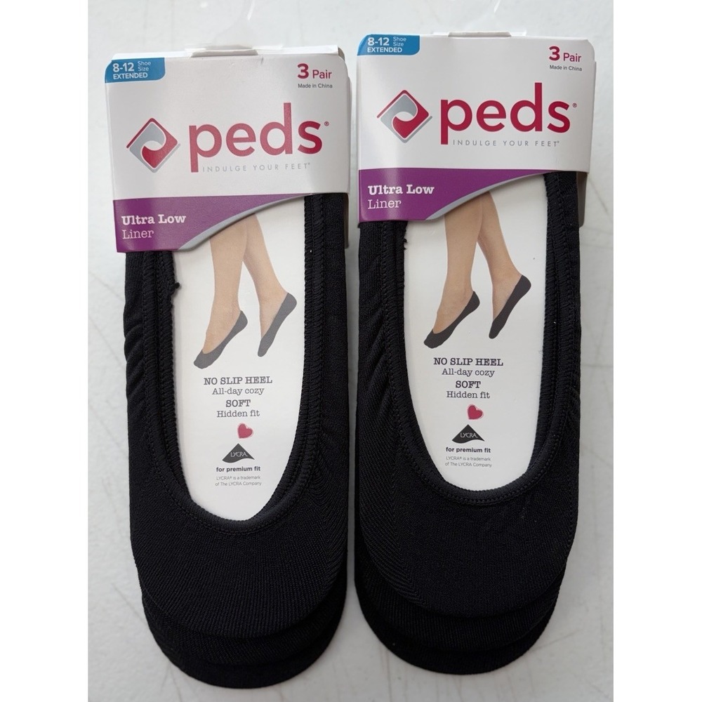 Women's Peds 6 Pairs - Extended size 8-12 Black. 2 Packs Of 3 Pairs NEW